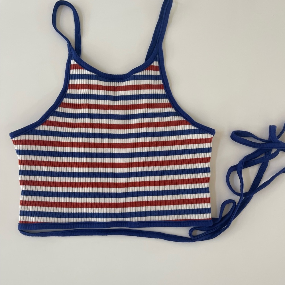 Blue, orange and white stripe crop top stewpot tank.